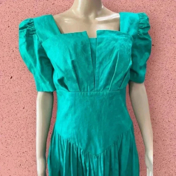 Lord & Taylor 1980’s fit n flare brocade vintage green dress with pockets-L - Picture 3 of 12